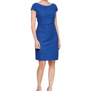 SLNY Women’s Cap Sleeve Round Neck Sheath Dress Blue Size 16